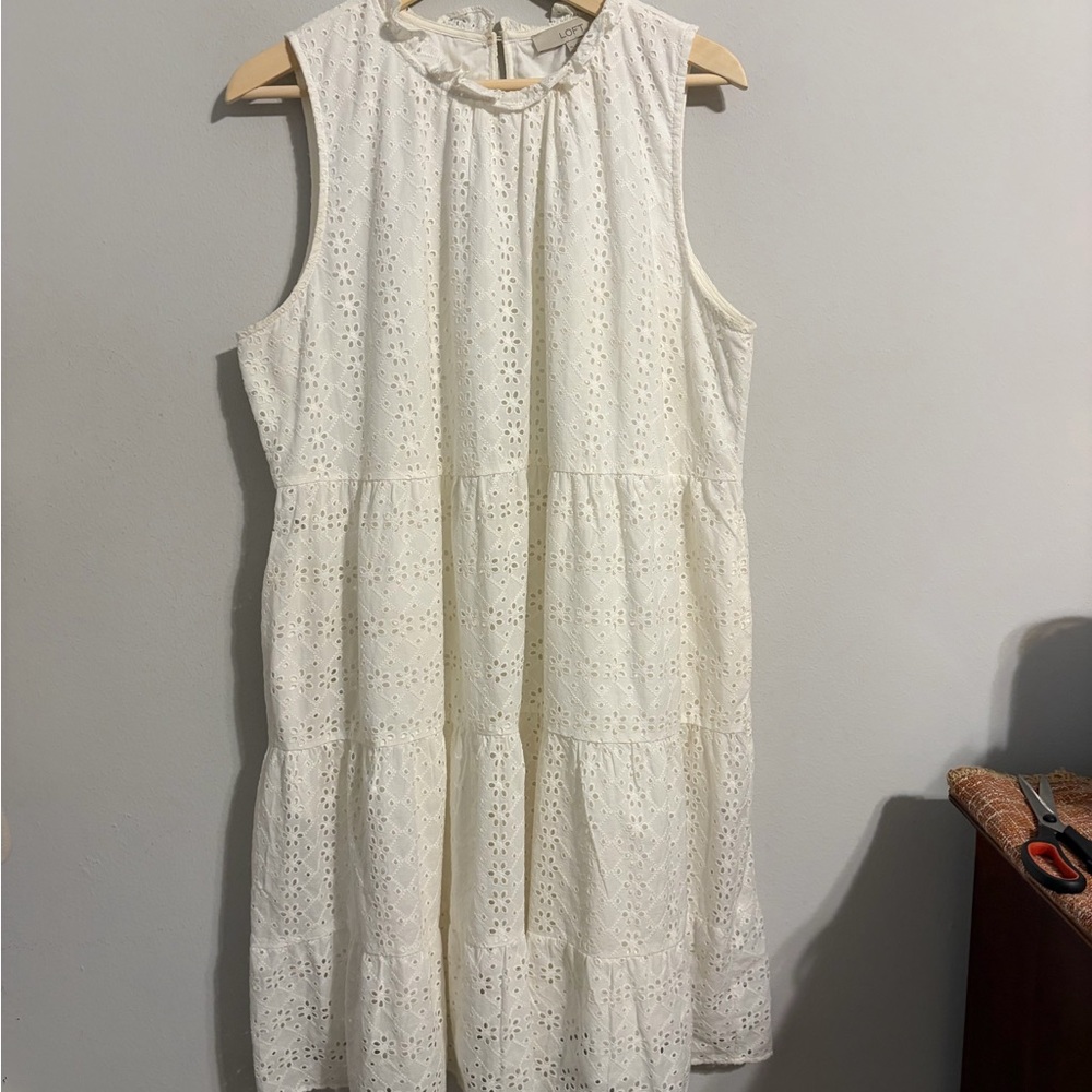 LOFT Eyelet Tiered Swing Dress White Preppy Size XL Lagenlook  Relaxed Fit - Picture 4 of 10